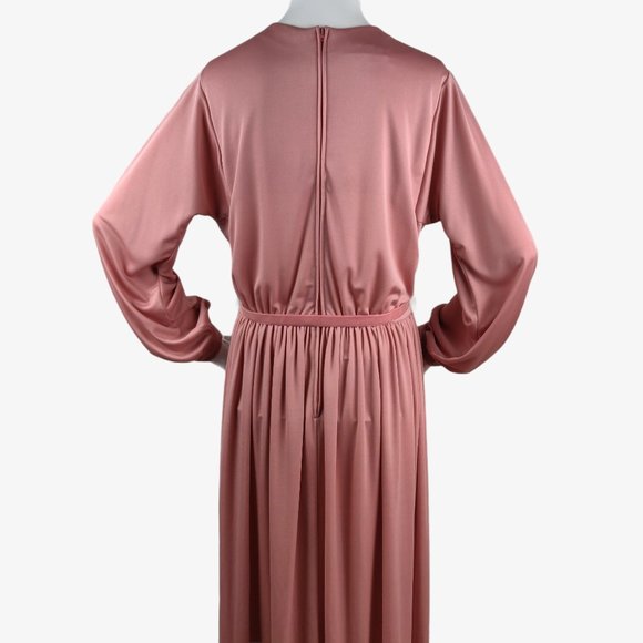 Vintage 1970s Rose Pink Slinky Maxi Dress Hostess Gown Grecian Drape Gathered M - Picture 11 of 14